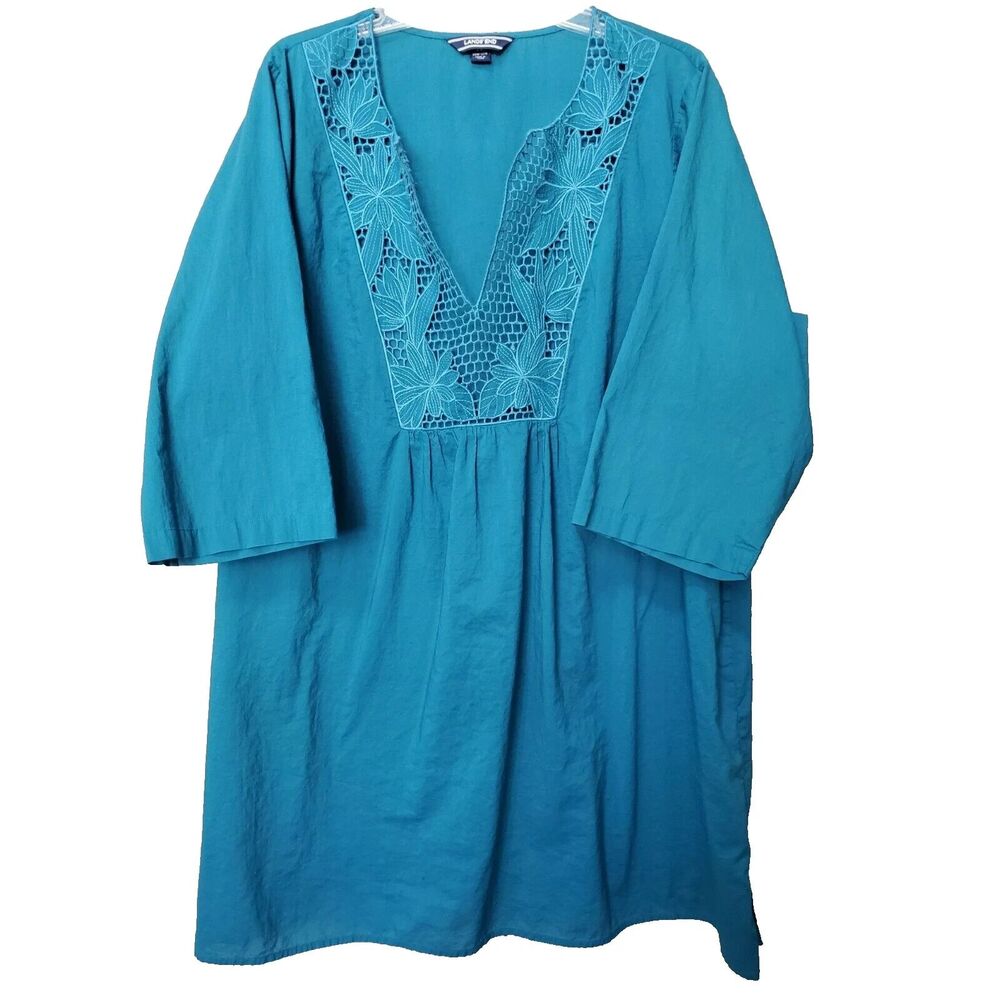 Lands' End 100% Cotton Green Embroidered Swimsuit Cover-Up Large